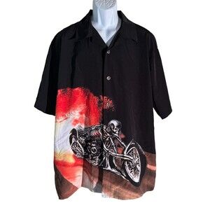 Dragonfly Road House Motorcycle Skull‎ Jersey Men's Pearl Buttons Black XL